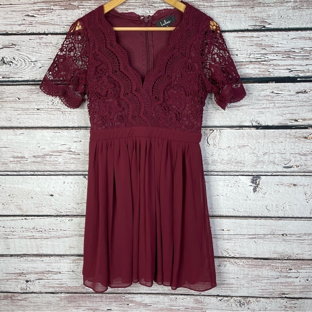 Lulu’s Size Small “Angel in Disguise” Burgundy Lace‎ Skater Dress Mini Cocktail